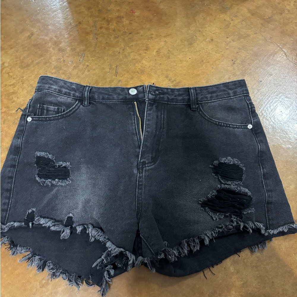 Distressed Black Denim Shorts